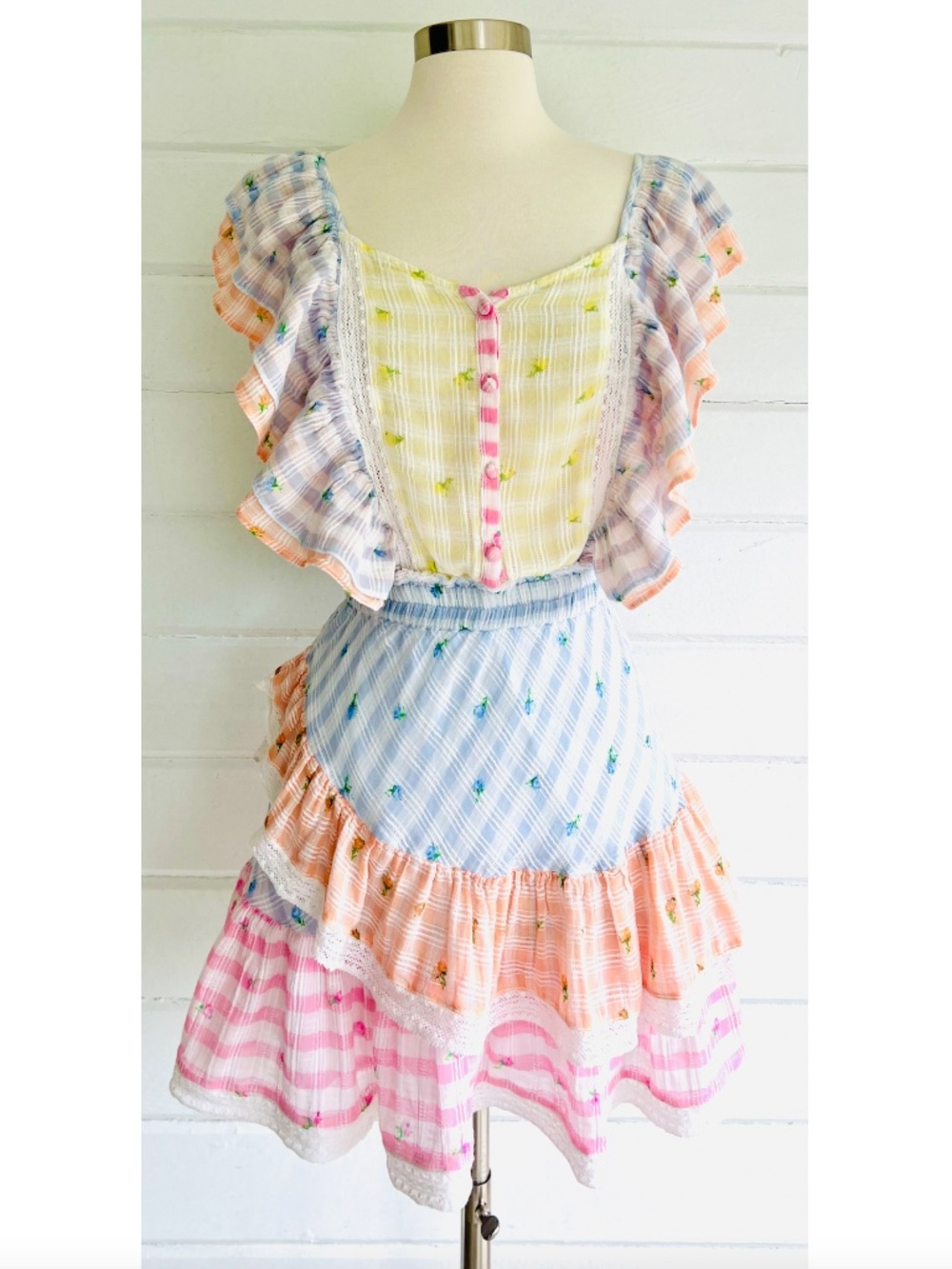 LOVESHACK FANCY Leon Ruffled Mini Dress in Mixed Check - S - Picture 4 of 14